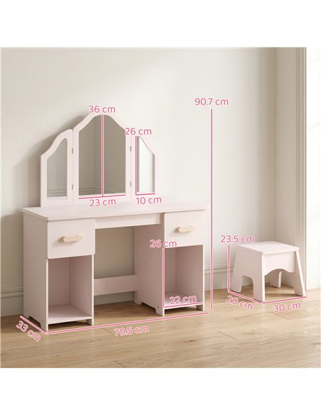 AIYAPLAY Kids Dressing Table, Kids Vanity Table and Chair Set with Tri-Folding Mirror, 2 Drawers, 2 Cabinets for Girls 3+, Pink - pic 212850 | FastDaddyshop