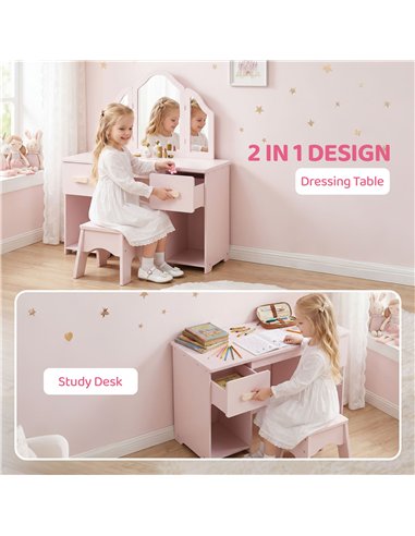 AIYAPLAY Kids Dressing Table, Kids Vanity Table and Chair Set with Tri-Folding Mirror, 2 Drawers, 2 Cabinets for Girls 3+, Pink