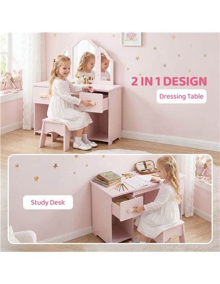AIYAPLAY Kids Dressing Table, Kids Vanity Table and Chair Set with Tri-Folding Mirror, 2 Drawers, 2 Cabinets for Girls 3+, Pink - pic 212851 | FastDaddyshop