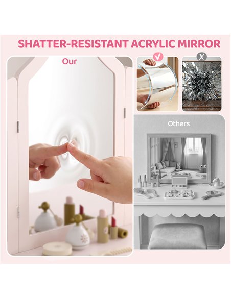 AIYAPLAY Kids Dressing Table, Kids Vanity Table and Chair Set with Tri-Folding Mirror, 2 Drawers, 2 Cabinets for Girls 3+, Pink - pic 212852 | FastDaddyshop