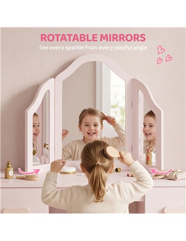 AIYAPLAY Kids Dressing Table, Kids Vanity Table and Chair Set with Tri-Folding Mirror, 2 Drawers, 2 Cabinets for Girls 3+, Pink