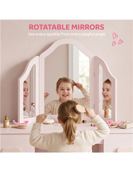 AIYAPLAY Kids Dressing Table, Kids Vanity Table and Chair Set with Tri-Folding Mirror, 2 Drawers, 2 Cabinets for Girls 3+, Pink - pic 212853 | FastDaddyshop