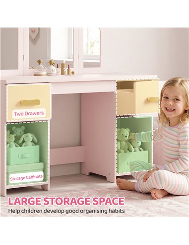 AIYAPLAY Kids Dressing Table, Kids Vanity Table and Chair Set with Tri-Folding Mirror, 2 Drawers, 2 Cabinets for Girls 3+, Pink