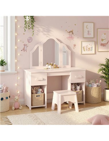 AIYAPLAY Kids Dressing Table, Kids Vanity Table and Chair Set with Tri-Folding Mirror, 2 Drawers, 2 Cabinets for Girls 3+, Pink