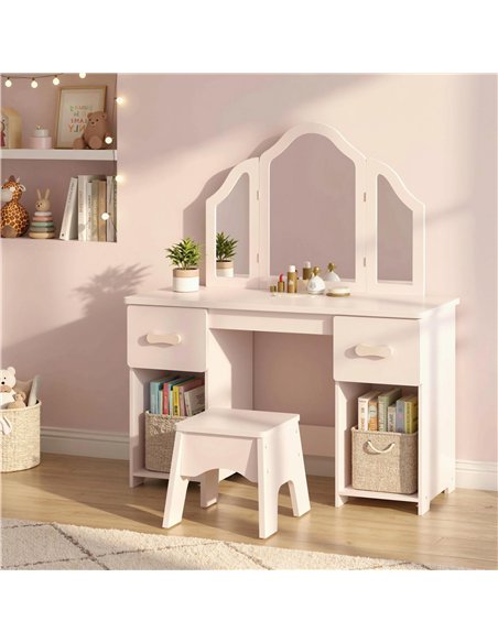 AIYAPLAY Kids Dressing Table, Kids Vanity Table and Chair Set with Tri-Folding Mirror, 2 Drawers, 2 Cabinets for Girls 3+, Pink - pic 212856 | FastDaddyshop