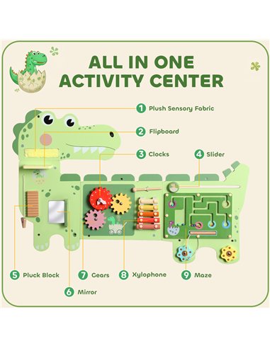 AIYAPLAY Busy Board Panels, Wall Mounted Montessori Inspired Busy Board, Toddler Learning Centre Dinosaur Theme, Green