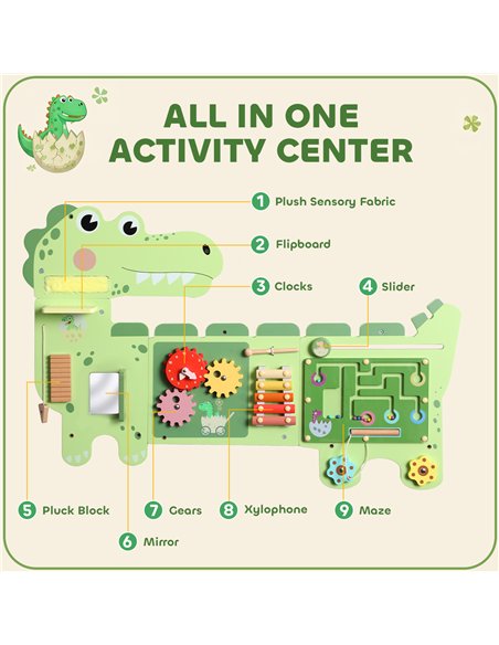 AIYAPLAY Busy Board Panels, Wall Mounted Montessori Inspired Busy Board, Toddler Learning Centre Dinosaur Theme, Green - pic 212860 | FastDaddyshop