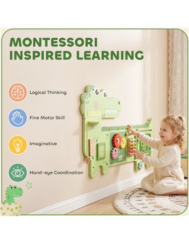 AIYAPLAY Busy Board Panels, Wall Mounted Montessori Inspired Busy Board, Toddler Learning Centre Dinosaur Theme, Green