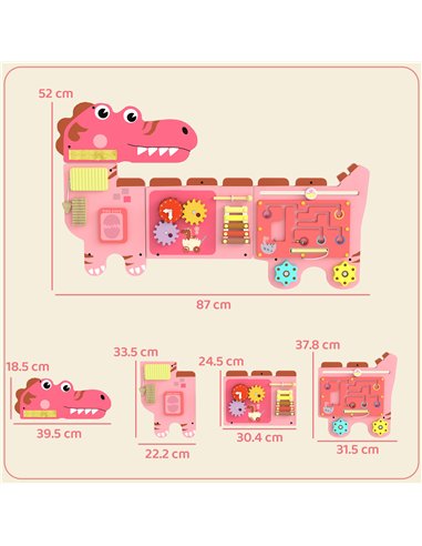 AIYAPLAY Busy Board Panels, Wall Mounted Montessori Inspired Busy Board, Toddler Learning Centre Dinosaur Theme, Pink