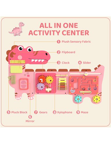 AIYAPLAY Busy Board Panels, Wall Mounted Montessori Inspired Busy Board, Toddler Learning Centre Dinosaur Theme, Pink