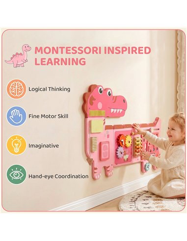 AIYAPLAY Busy Board Panels, Wall Mounted Montessori Inspired Busy Board, Toddler Learning Centre Dinosaur Theme, Pink