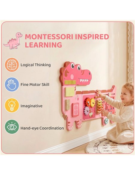 AIYAPLAY Busy Board Panels, Wall Mounted Montessori Inspired Busy Board, Toddler Learning Centre Dinosaur Theme, Pink - pic 212870 | FastDaddyshop