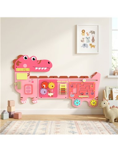AIYAPLAY Busy Board Panels, Wall Mounted Montessori Inspired Busy Board, Toddler Learning Centre Dinosaur Theme, Pink