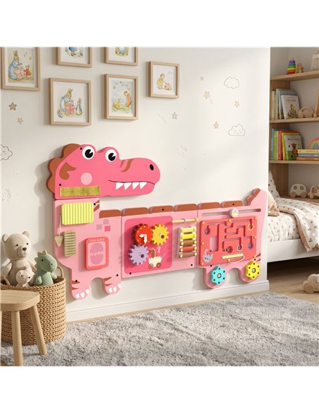 AIYAPLAY Busy Board Panels, Wall Mounted Montessori Inspired Busy Board, Toddler Learning Centre Dinosaur Theme, Pink - pic 212874 | FastDaddyshop