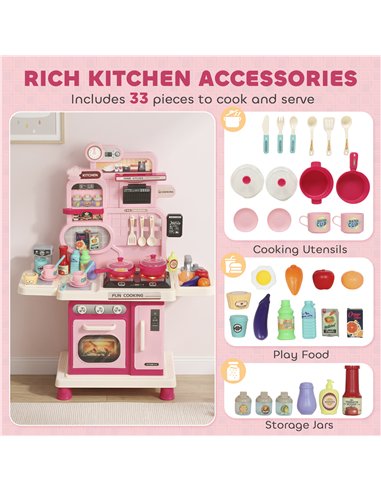 AIYAPLAY Play Kitchen, 33 PCS Kids Kitchen Playset with Lights, Sounds, Storage, Circulating Water Sink for 3-6 Years, Pink