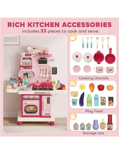 AIYAPLAY Play Kitchen, 33 PCS Kids Kitchen Playset with Lights, Sounds, Storage, Circulating Water Sink for 3-6 Years, Pink - pic 212878 | FastDaddyshop