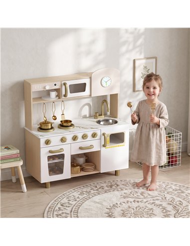 AIYAPLAY Play Kitchen, Kids Kitchen Playset with Rotating Coffee Machine, Storage Shelf, Stove, Gift for Kids 3-6 Years, White