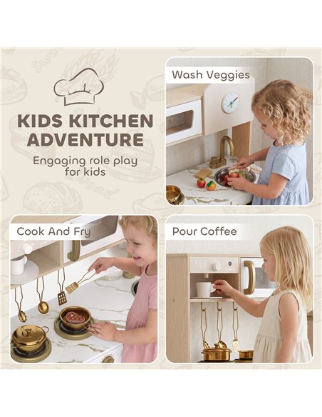 AIYAPLAY Play Kitchen, Kids Kitchen Playset with Rotating Coffee Machine, Storage Shelf, Stove, Gift for Kids 3-6 Years, White - pic 212887 | FastDaddyshop