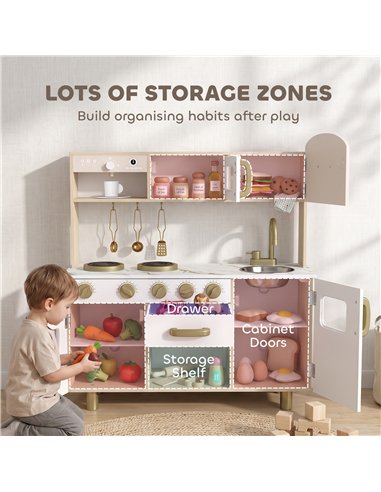 AIYAPLAY Play Kitchen, Kids Kitchen Playset with Rotating Coffee Machine, Storage Shelf, Stove, Gift for Kids 3-6 Years, White