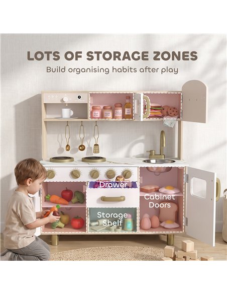 AIYAPLAY Play Kitchen, Kids Kitchen Playset with Rotating Coffee Machine, Storage Shelf, Stove, Gift for Kids 3-6 Years, White - pic 212890 | FastDaddyshop