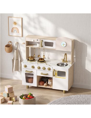 AIYAPLAY Play Kitchen, Kids Kitchen Playset with Rotating Coffee Machine, Storage Shelf, Stove, Gift for Kids 3-6 Years, White