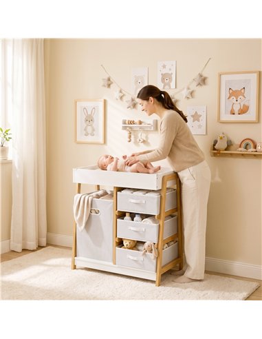 AIYAPLAY Baby Changing Table, Baby Changing Unit with 3 Drawers, Large Basket and Waterproof Pad for Bedroom Nursery, White