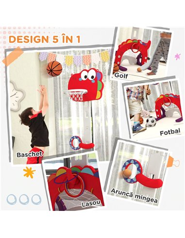 AIYAPLAY 5-in-1 Dinosaur Basketball Set with Adjustable Basketball Stand and Golf Game, Indoor for Boys Girls, Red