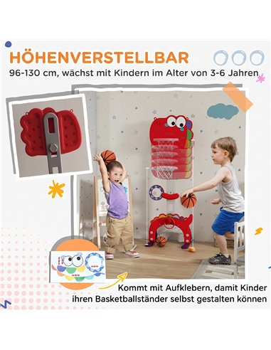 AIYAPLAY 5-in-1 Dinosaur Basketball Set with Adjustable Basketball Stand and Golf Game, Indoor for Boys Girls, Red