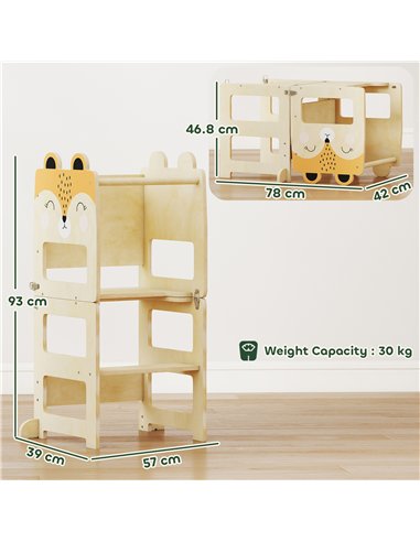 AIYAPLAY Toddler Step Stool, Standing Tower with Chalkboard, 3-in-1 Fox-Shaped Step Stool for Kitchen Counter, Natural