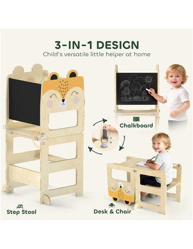 AIYAPLAY Toddler Step Stool, Standing Tower with Chalkboard, 3-in-1 Fox-Shaped Step Stool for Kitchen Counter, Natural
