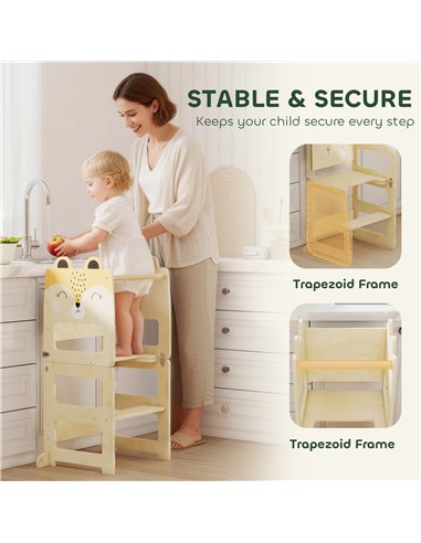 AIYAPLAY Toddler Step Stool, Standing Tower with Chalkboard, 3-in-1 Fox-Shaped Step Stool for Kitchen Counter, Natural