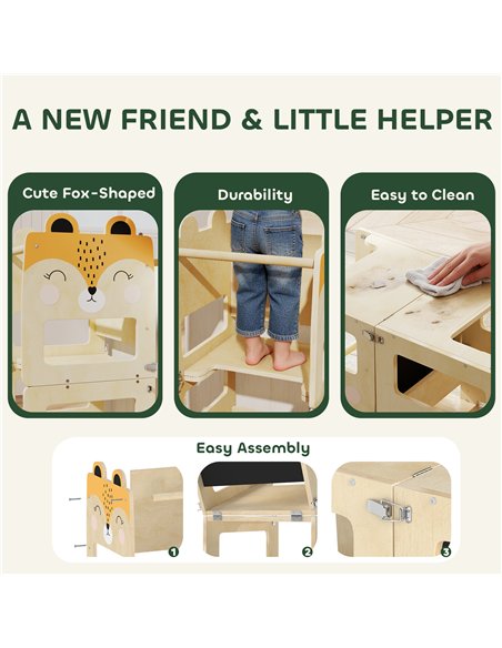 AIYAPLAY Toddler Step Stool, Standing Tower with Chalkboard, 3-in-1 Fox-Shaped Step Stool for Kitchen Counter, Natural - pic 212926 | FastDaddyshop