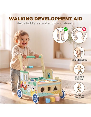 AIYAPLAY Wooden Baby Walker for 1-3 Year, Montessori Inspired Push Along Walker Toys, Multifunctional Activity Centre