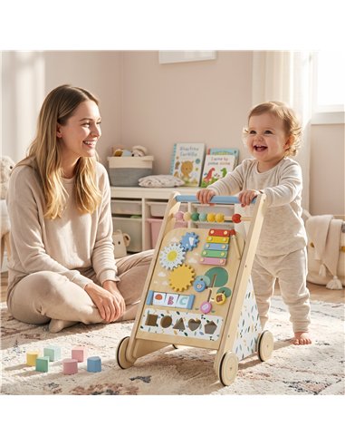 AIYAPLAY Wooden Baby Walker, Toddler Push Along Walker with Speed Control, Activity Centre and 5 Blocks for 18 Months+, Natural