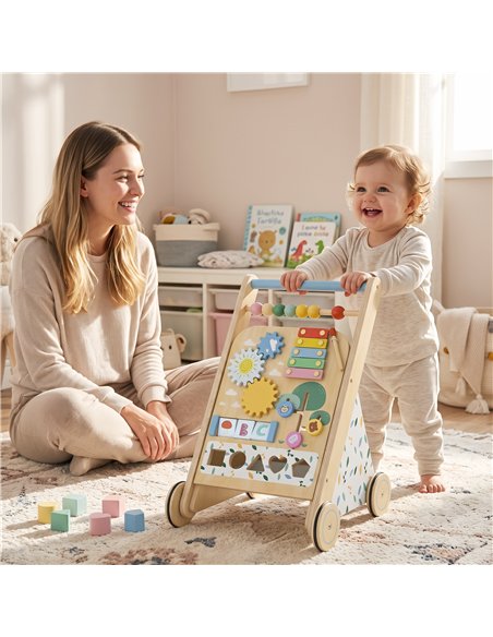 AIYAPLAY Wooden Baby Walker, Toddler Push Along Walker with Speed Control, Activity Centre and 5 Blocks for 18 Months+, Natural - pic 212948 | FastDaddyshop