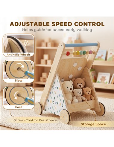 AIYAPLAY Wooden Baby Walker, Toddler Push Along Walker with Speed Control, Activity Centre and 5 Blocks for 18 Months+, Natural