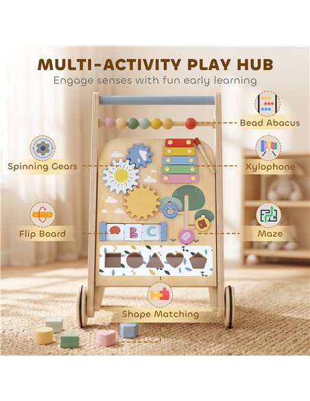 AIYAPLAY Wooden Baby Walker, Toddler Push Along Walker with Speed Control, Activity Centre and 5 Blocks for 18 Months+, Natural - pic 212951 | FastDaddyshop