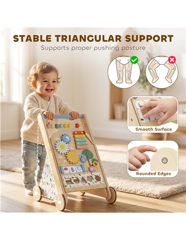 AIYAPLAY Wooden Baby Walker, Toddler Push Along Walker with Speed Control, Activity Centre and 5 Blocks for 18 Months+, Natural