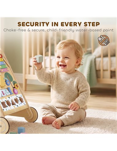AIYAPLAY Wooden Baby Walker, Toddler Push Along Walker with Speed Control, Activity Centre and 5 Blocks for 18 Months+, Natural