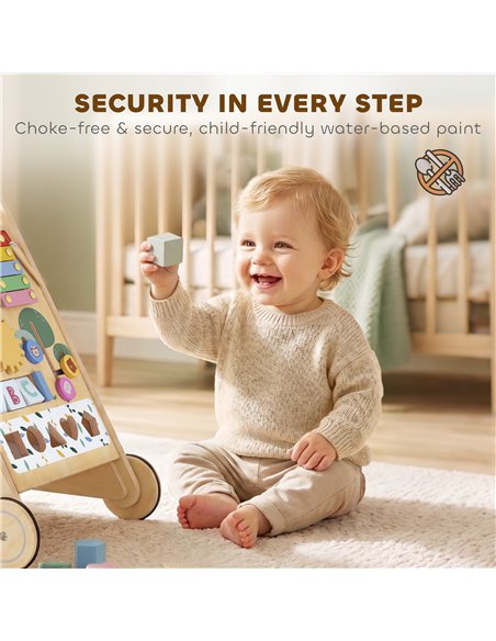 AIYAPLAY Wooden Baby Walker, Toddler Push Along Walker with Speed Control, Activity Centre and 5 Blocks for 18 Months+, Natural - pic 212953 | FastDaddyshop