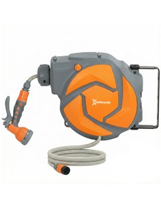DURHAND 10m Garden Hose Reel Wall Mounted Auto Rewind with 7 Patterns Spray Nozzle, Includes Wall Fixings, Orange