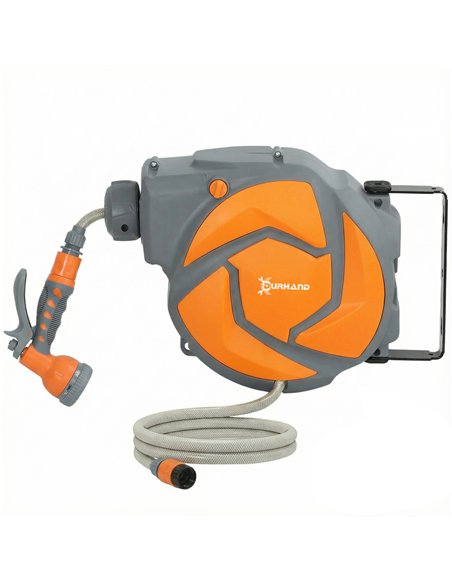 DURHAND 10m Garden Hose Reel Wall Mounted Auto Rewind with 7 Patterns Spray Nozzle, Includes Wall Fixings, Orange - pic 212956 | FastDaddyshop