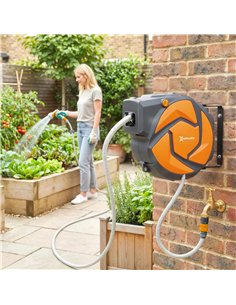 DURHAND 10m Garden Hose Reel Wall Mounted Auto Rewind with 7 Patterns Spray Nozzle, Includes Wall Fixings, Orange 2