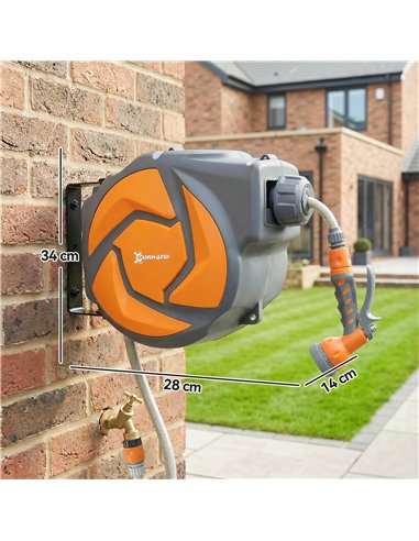 DURHAND 10m Garden Hose Reel Wall Mounted Auto Rewind with 7 Patterns Spray Nozzle, Includes Wall Fixings, Orange