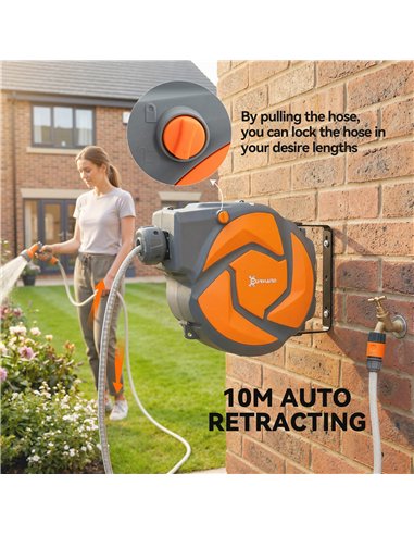 DURHAND 10m Garden Hose Reel Wall Mounted Auto Rewind with 7 Patterns Spray Nozzle, Includes Wall Fixings, Orange