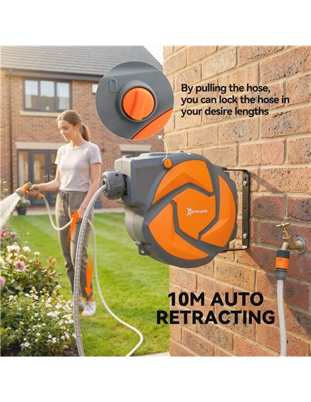 DURHAND 10m Garden Hose Reel Wall Mounted Auto Rewind with 7 Patterns Spray Nozzle, Includes Wall Fixings, Orange - pic 212960 | FastDaddyshop