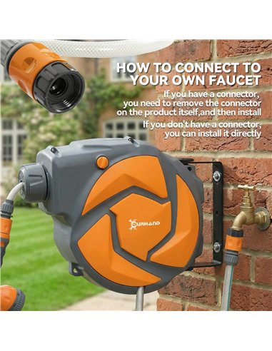 DURHAND 10m Garden Hose Reel Wall Mounted Auto Rewind with 7 Patterns Spray Nozzle, Includes Wall Fixings, Orange