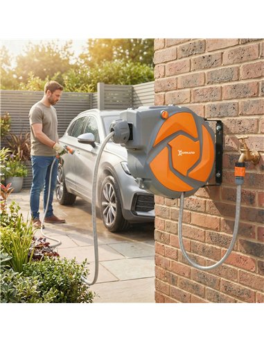 DURHAND 10m Garden Hose Reel Wall Mounted Auto Rewind with 7 Patterns Spray Nozzle, Includes Wall Fixings, Orange