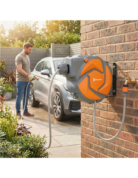 DURHAND 10m Garden Hose Reel Wall Mounted Auto Rewind with 7 Patterns Spray Nozzle, Includes Wall Fixings, Orange - pic 212963 | FastDaddyshop