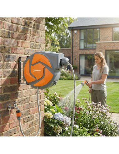 DURHAND 10m Garden Hose Reel Wall Mounted Auto Rewind with 7 Patterns Spray Nozzle, Includes Wall Fixings, Orange